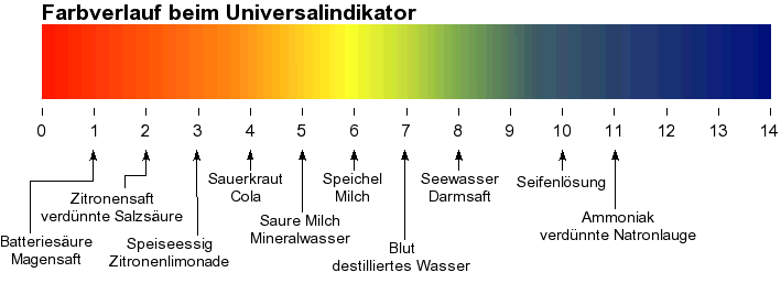 Farbverlauf beim Universalindikator (pH 0–14)